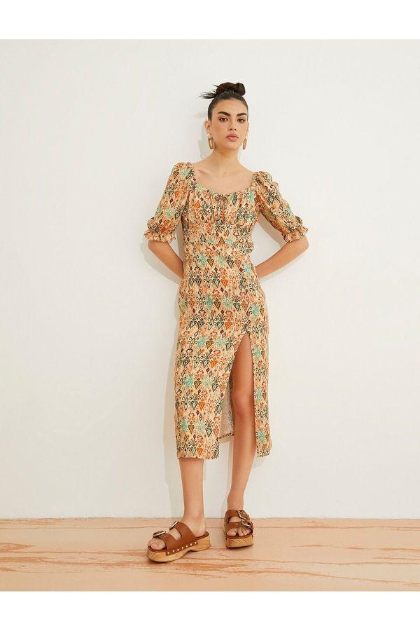 Koton Koton Midi obleka viskozna kvadratni vrat balon reža za rokave