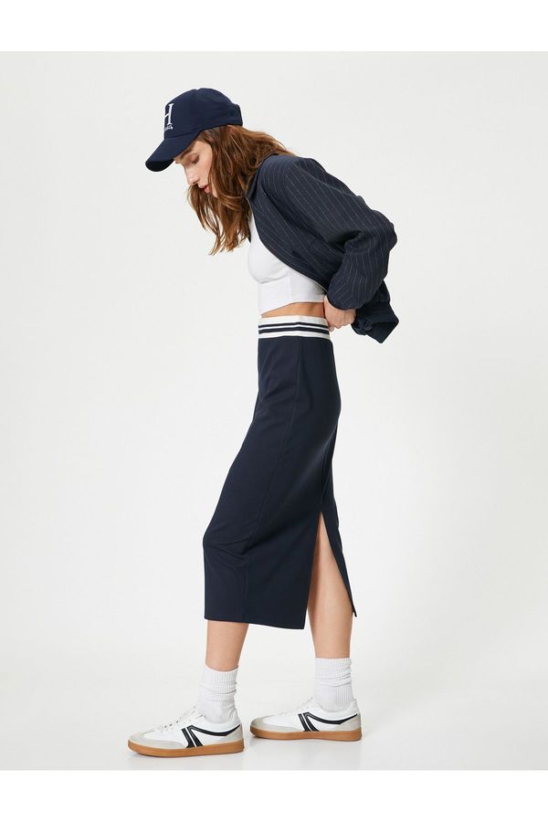 Koton Koton Midi Pencil Skirt with Elastic Waist Color Contrast Slit Slim Fit