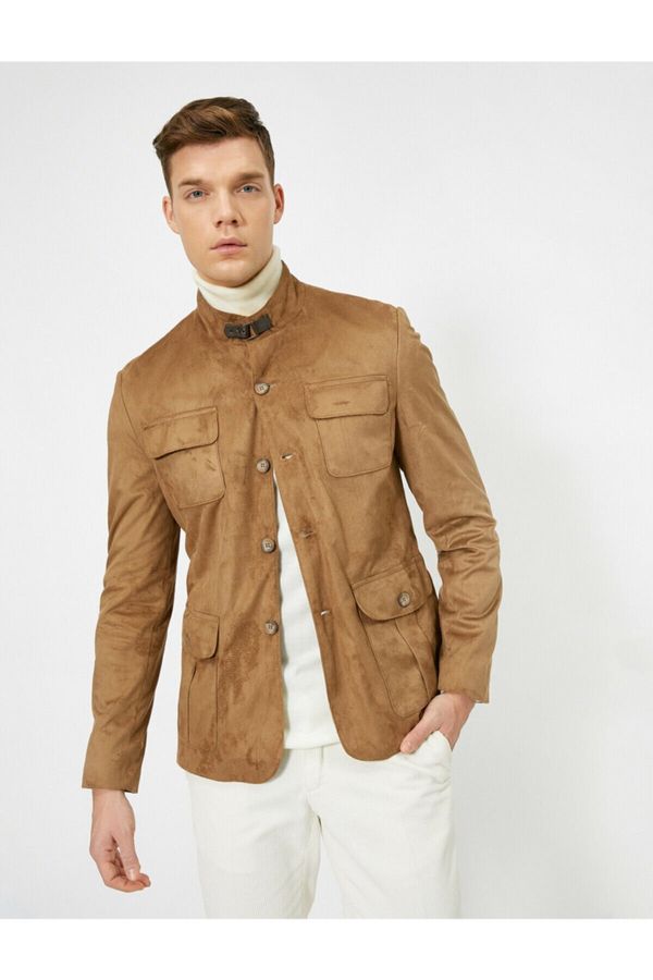 Koton Koton moški rjavi gumb z dolgimi rokavi Podrobna jakna