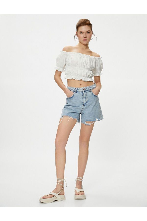 Koton Koton Off Shoulder Blouse Crop Balloon Sleeve Frilly