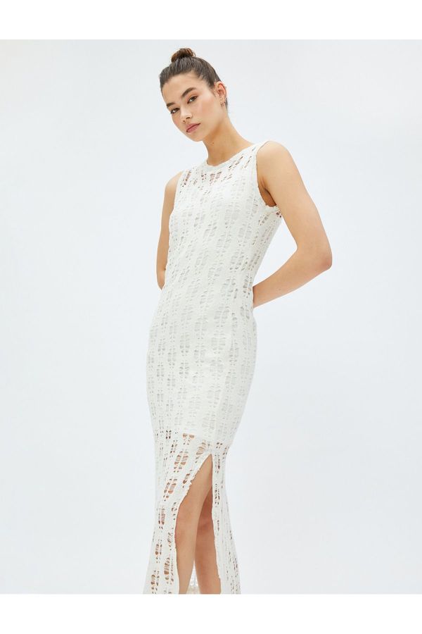 Koton Koton Openwork Midi obleka z režami, brez rokavov, podložen vrat posadke.