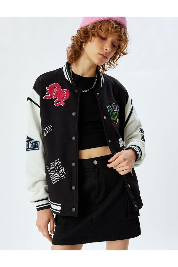 Koton Koton Oversize College Jacket Bomber Collar Embroidered Snap Button Color Block Pocket