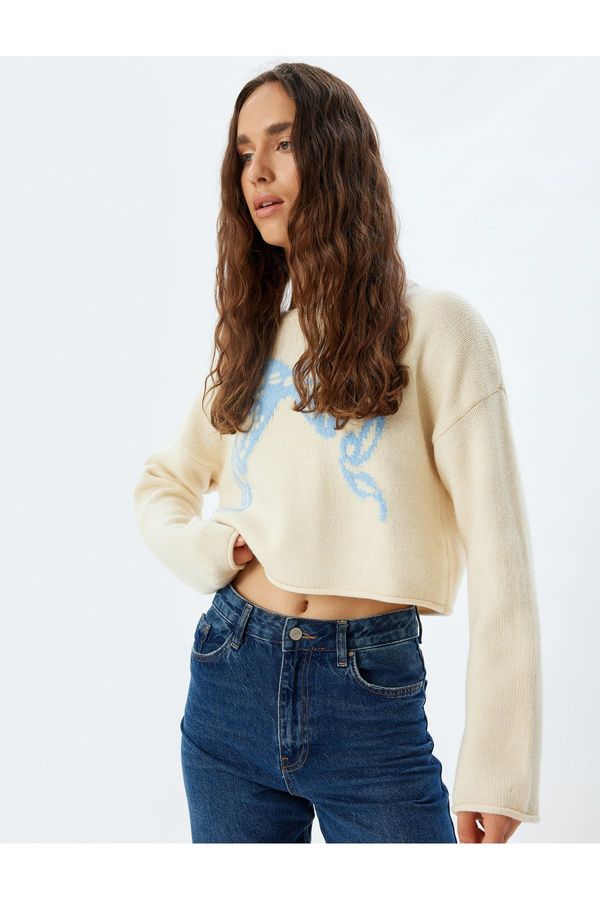 Koton Koton Oversize Crop Sweater Bow Patterned Crew Neck Long Sleeve