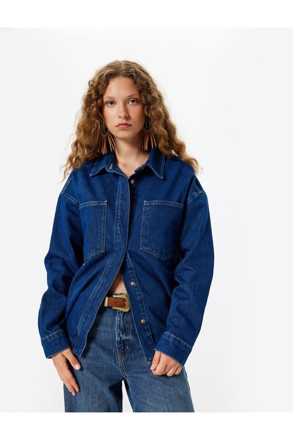 Koton Koton Oversize Denim Shirt Jacket Pocket Detail Classic Button Down Collar