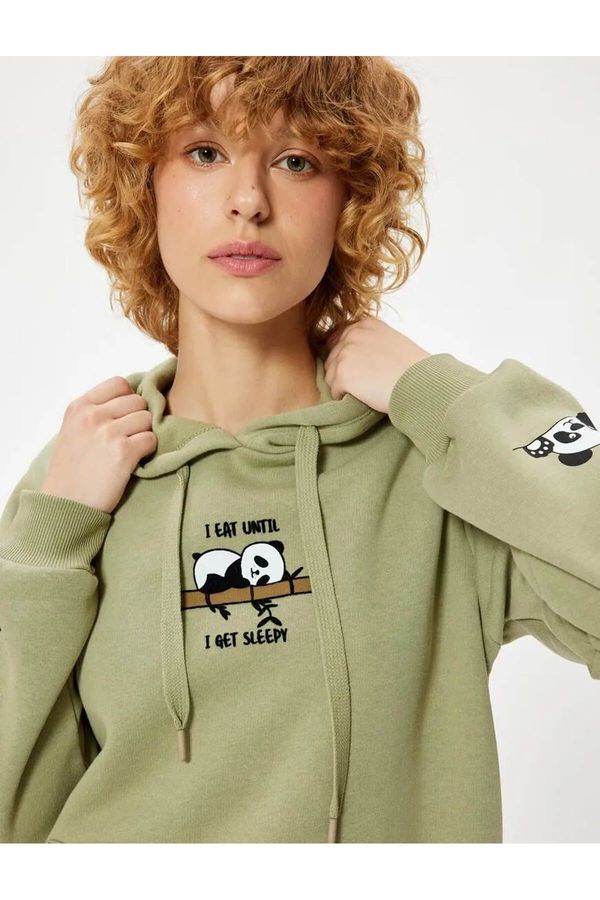 Koton Koton Oversize Hooded Sweatshirt with Panda Embroidery Kangaroo Pocket