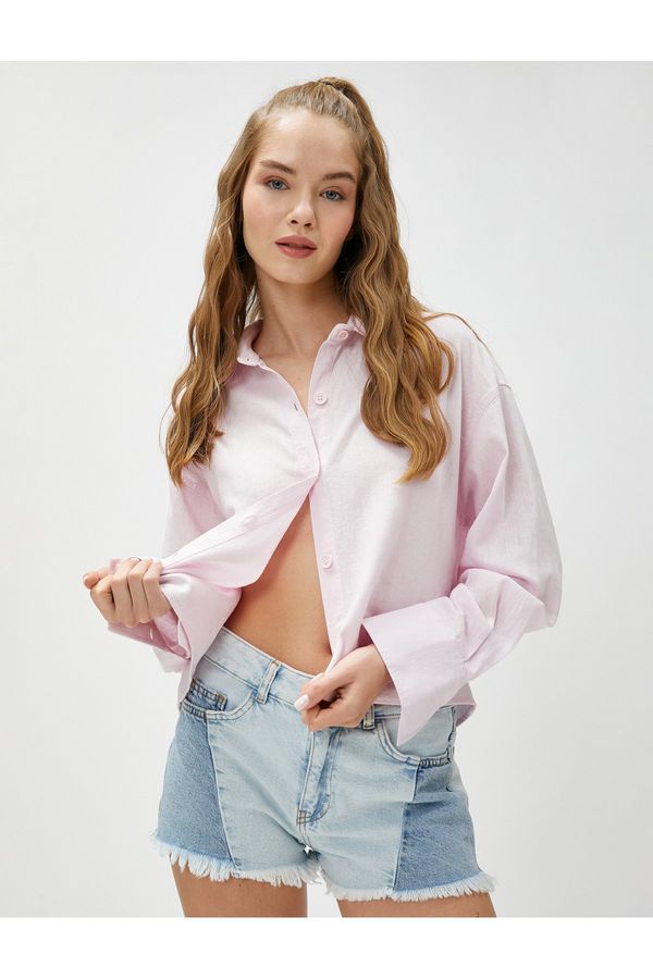 Koton Koton Oversize Shirt Linen-Mixed Crop Long Sleeve with Buttons