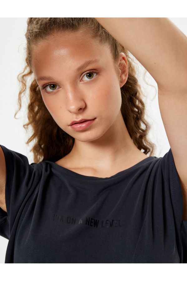 Koton Koton Oversize Sports T-Shirt Slogan Printed Bat Sleeve Modal Fabric Crew Neck