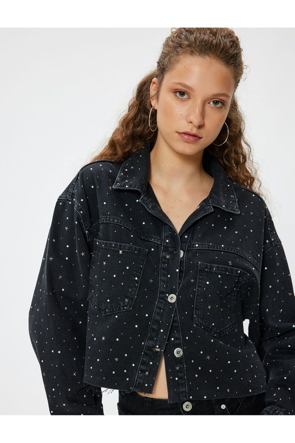 Koton Koton Oversize Stoned Denim Jacket with Pocket Detail and Classic Collar Buttons