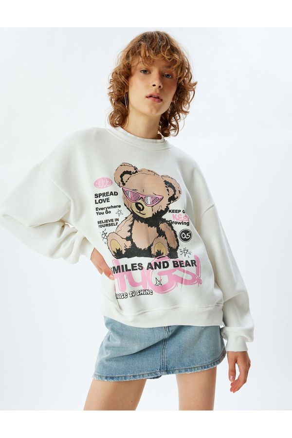 Koton Koton Oversize Sweatshirt Bear Themed Back Printed Crew Neck Raised