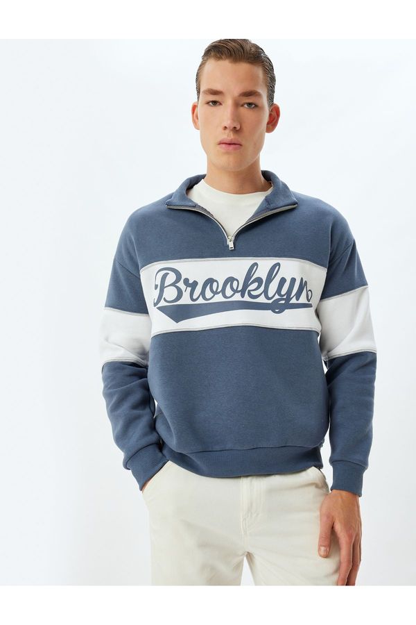 Koton Koton Oversize Sweatshirt College Printed Half Zip Color Block Raised Cotton Blend