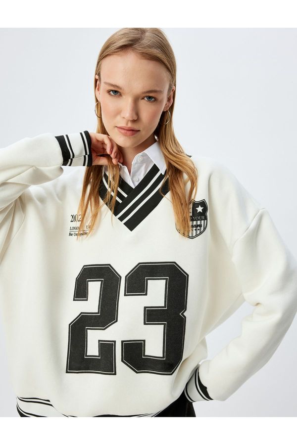 Koton Koton Oversize Sweatshirt V Neck Piping College Printed