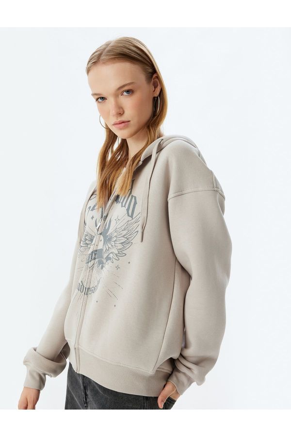 Koton Koton Oversize Zippered Sweatshirt Hooded Pocket Detail Printed