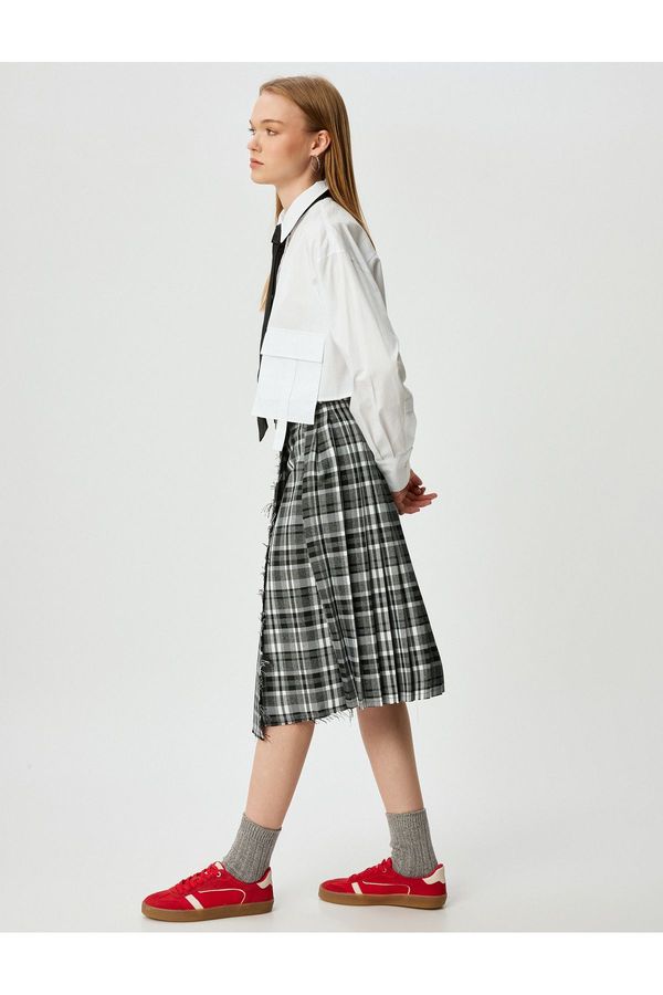 Koton Koton Pleated Plaid Skirt Midi Length Belt Detail