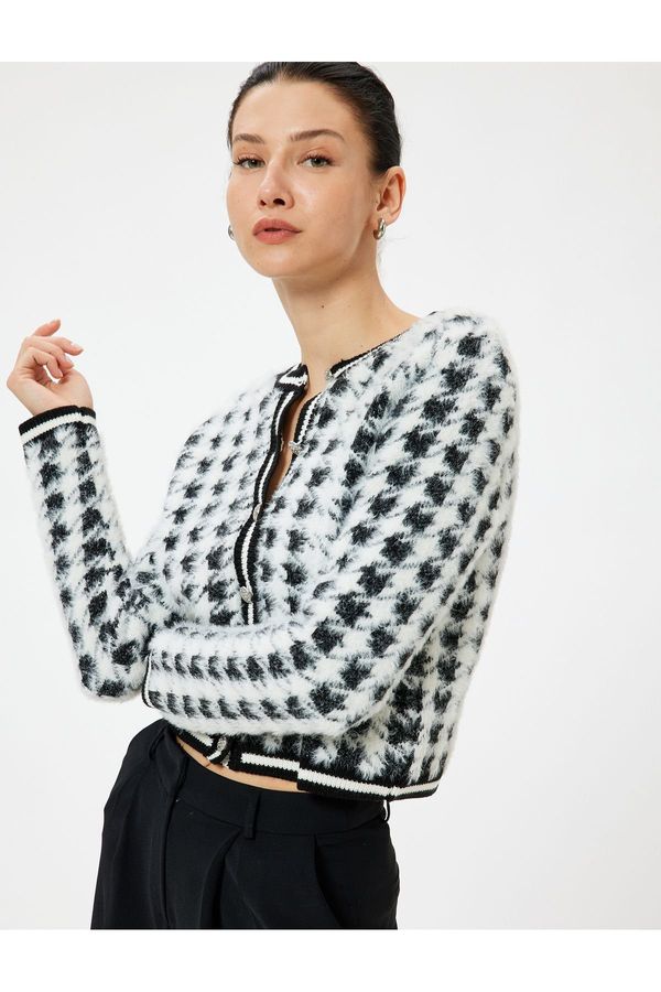 Koton Koton Plush Houndstooth Patterned Cardigan Round Neck Buttoned