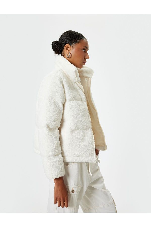 Koton Koton Plush Stand Collar Zippered Pocket Coat