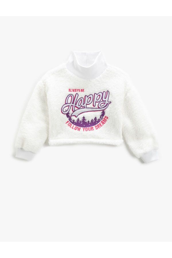 Koton Koton Plush Sweatshirt High Neck Long Sleeve Applique Detailed