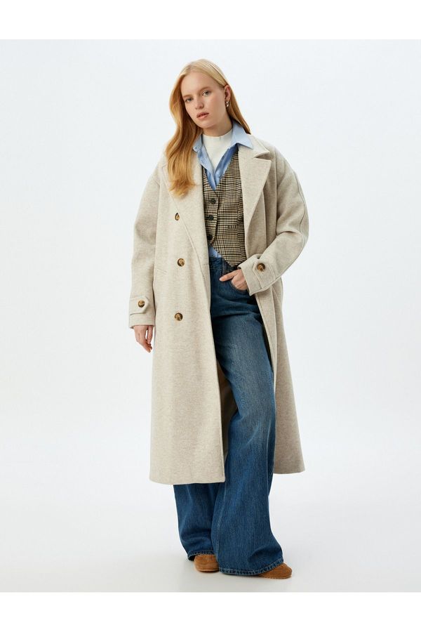 Koton Koton Pocket Belted Double Breasted Extra Long Cashmere Coat