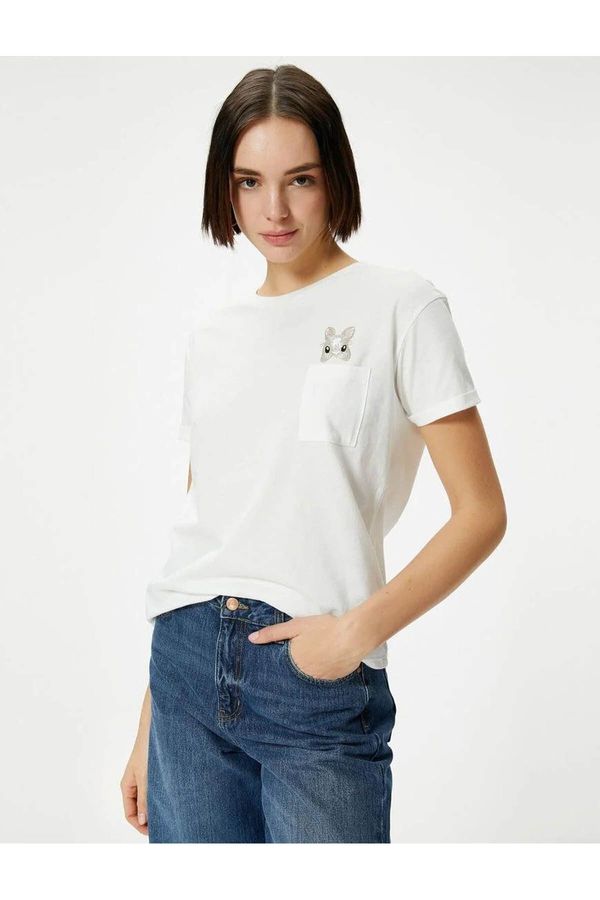 Koton Koton Pocket Detailed T-Shirt Rabbit Embroidered Short Sleeve Crew Neck Cotton