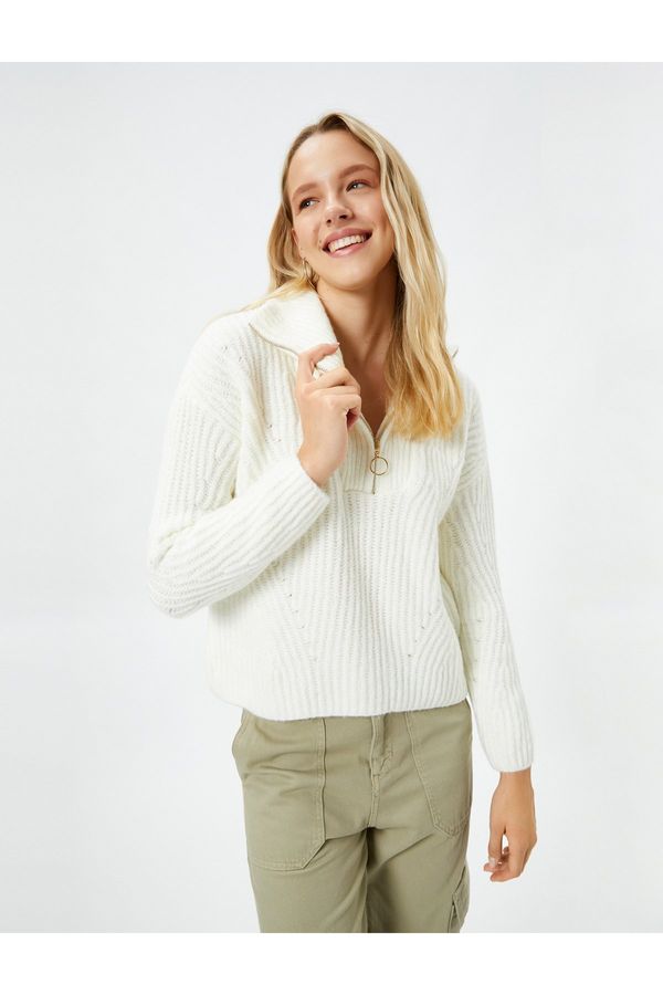 Koton Koton pol-zip pletenine pulover visok vrat elastična pletenina podrobno mehko teksturirano