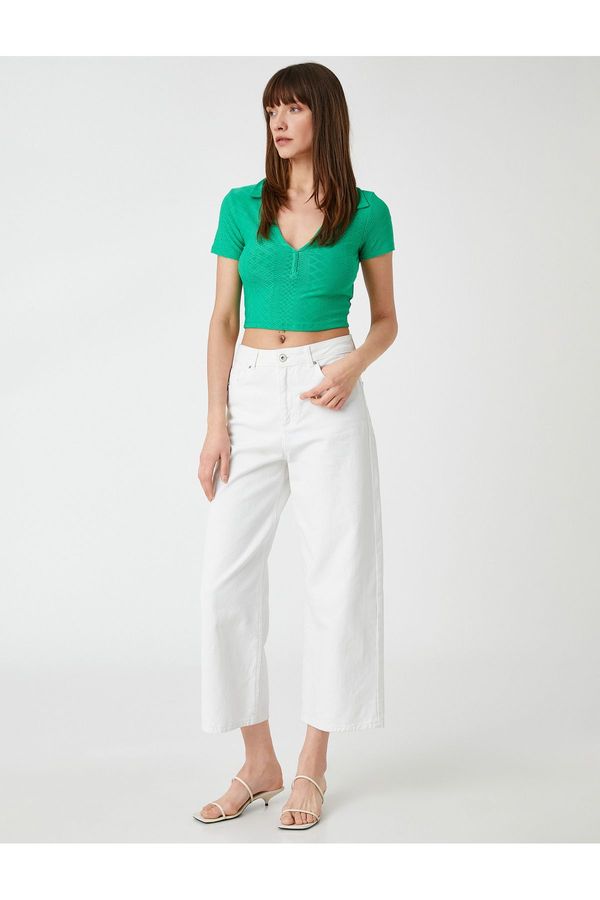 Koton Koton Polo Neck Crop T-Shirt Long Sleeve