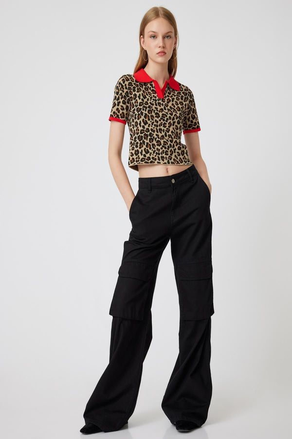 Koton Koton Polo Neck Sweater Leopard Patterned Piping Short Sleeve