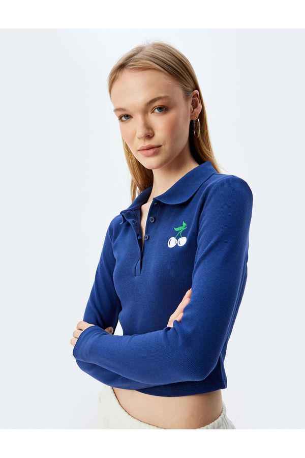 Koton Koton Polo Neck T-Shirt Crop Long Sleeve Buttoned Cherry Embroidered