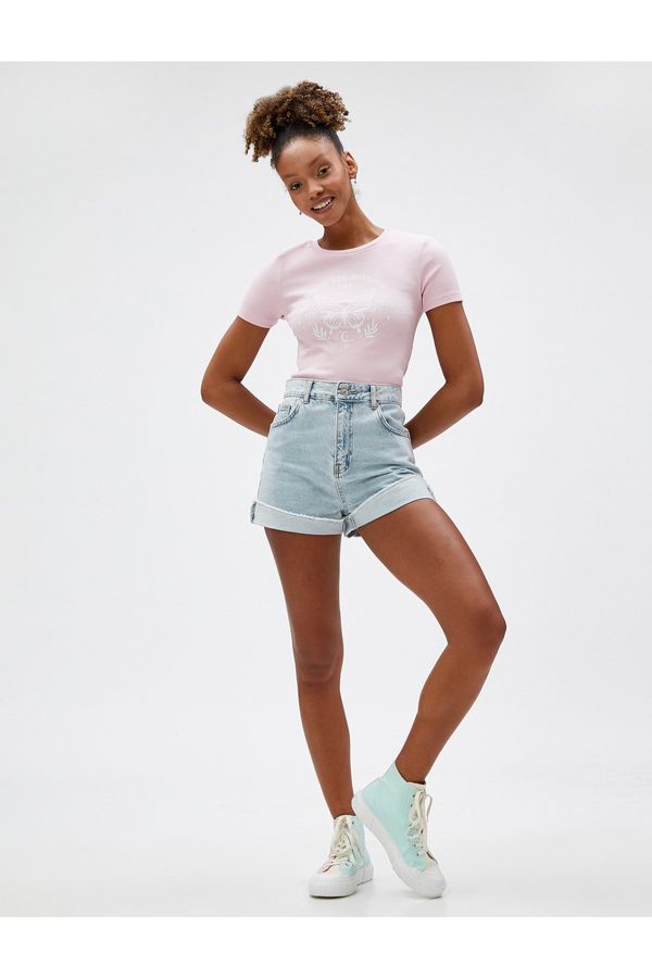 Koton Koton Printed Crop T-Shirt, Crew Neck Short Sleeves