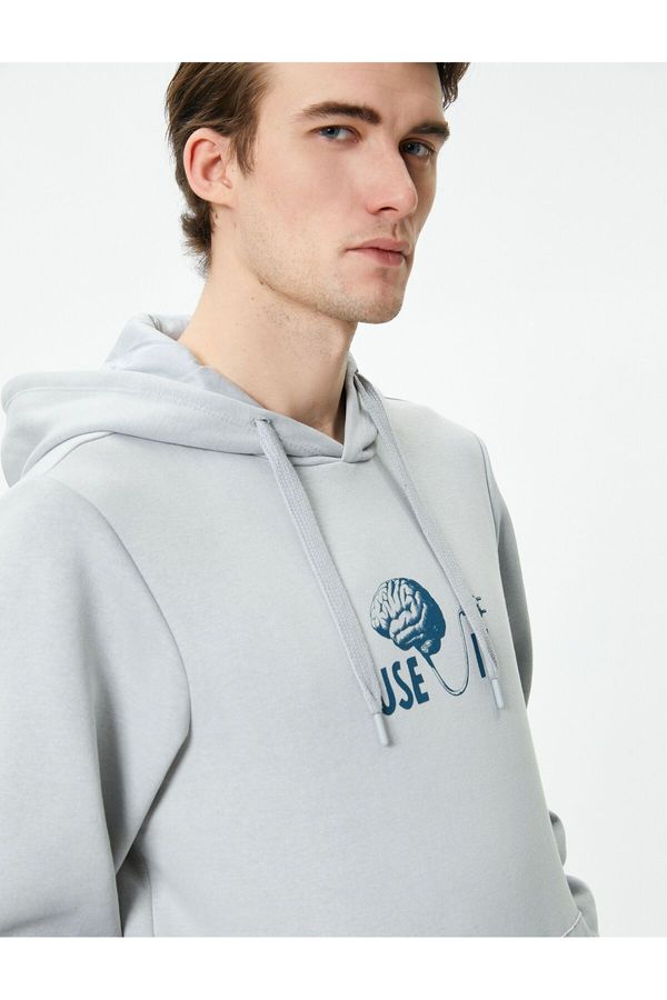 Koton Koton Printed Hoodie with Slogan and Kangaroo Pocket on Back