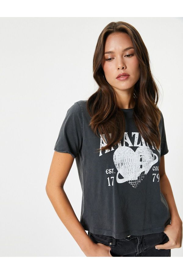 Koton Koton Printed T-Shirt Crew Neck Short Sleeve Cotton Faded Effect