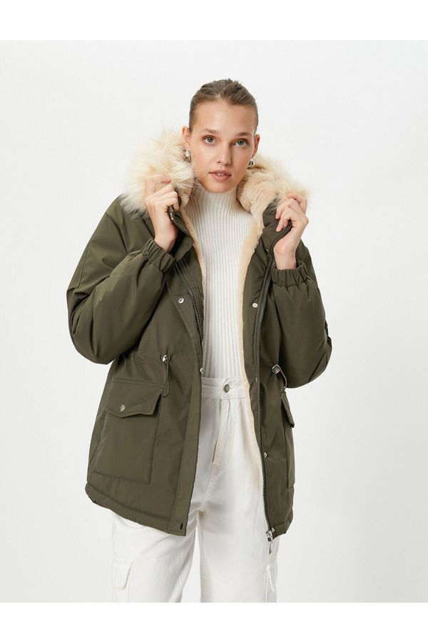 Koton Koton Puffer Coat Hooded Plush Detailed Elastic Waist