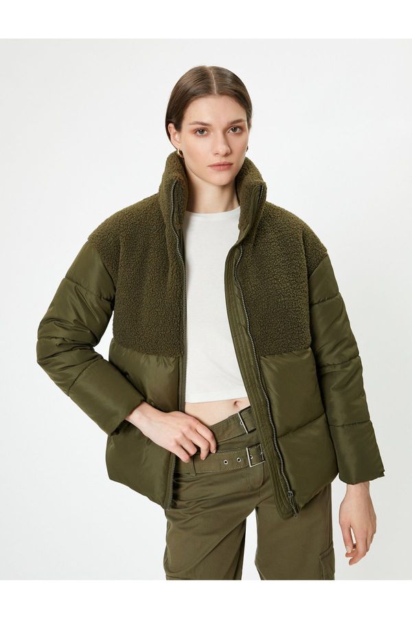 Koton Koton Puffer Jacket Plush Detail Stand Collar Zippered Pockets
