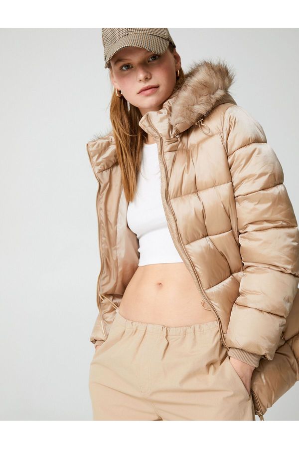 Koton Koton Puffer Jacket with Hood and Faux Für Detail and Pockets