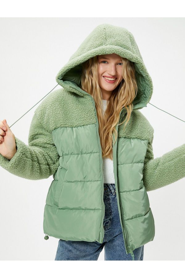 Koton Koton Puffer Jacket with Plush Detail, Hooded and Pocketed