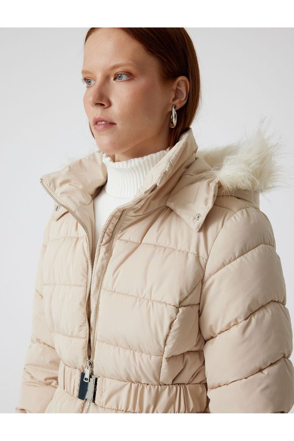 Koton Koton Quilted Puffer Coat with Hood and Faux Für Collar and Belt