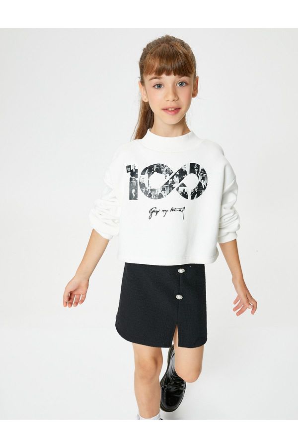 Koton Koton Republic Printed Crop Sweatshirt Long Sleeve Crew Neck Ribbed