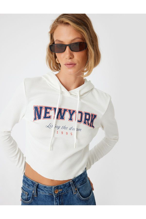 Koton Koton Ribbed Printed Long Sleeve Slim Fit College Hooded T-Shirt