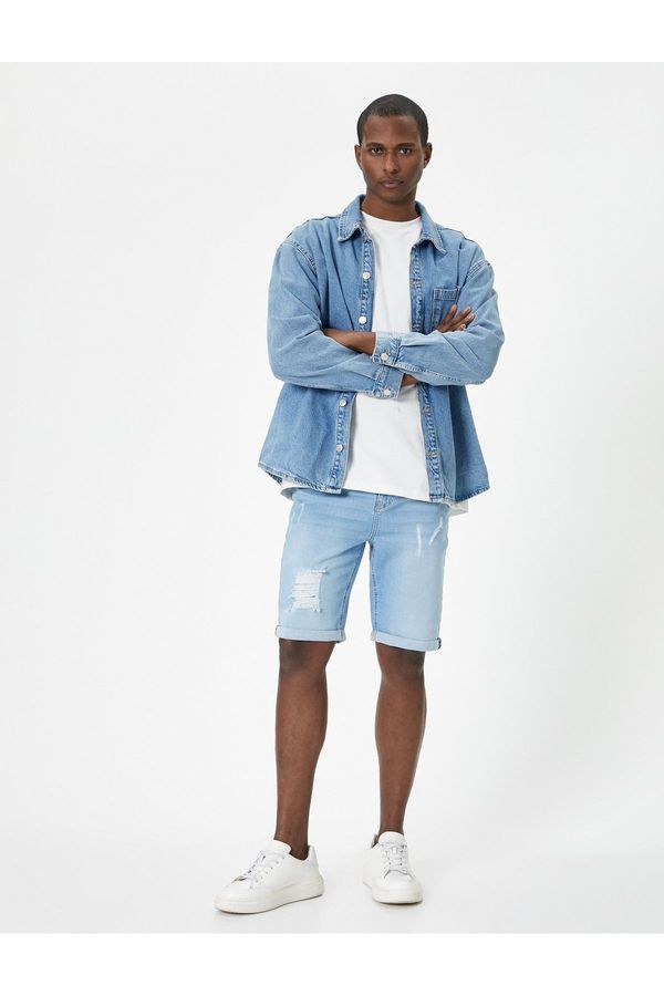 Koton Koton Ripped Denim Shorts Slim Fit Fold Detailed Buttoned Pocket