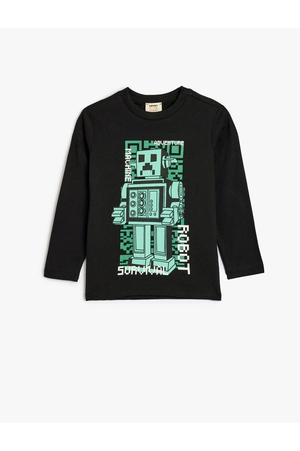 Koton Koton Robot Printed Long Sleeve T-Shirt Crew Neck Cotton