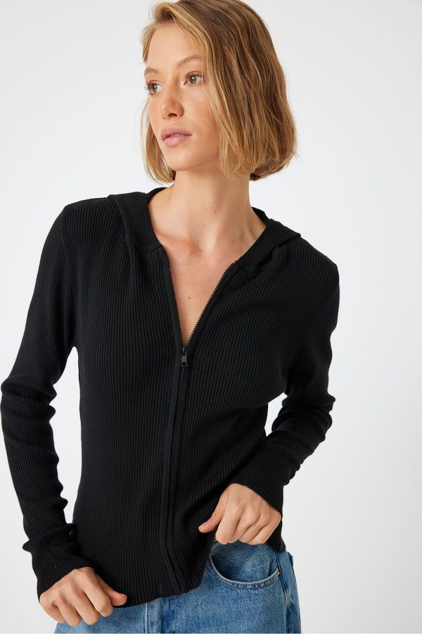 Koton Koton Round Neck Ribbed Long Sleeve Zippered Knitwear Cardigan