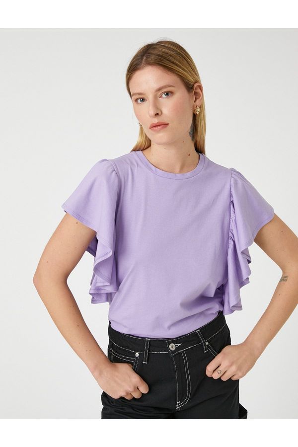 Koton Koton Ruffled Sleeves T-shirt Crew Neck Cotton