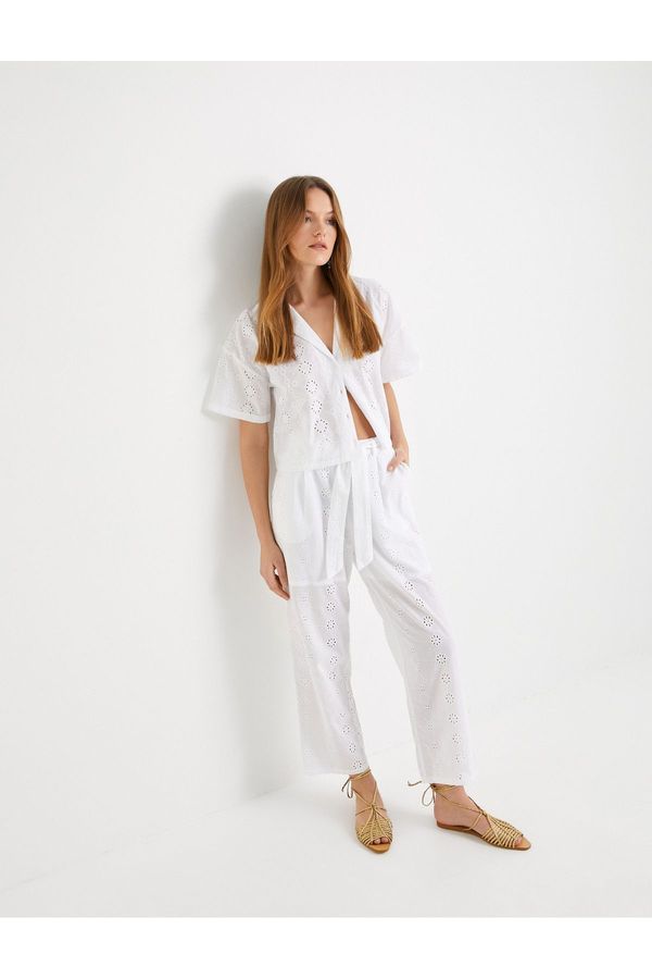 Koton Koton Scallop Trousers Normal Waist Belted Straight Leg Cotton Pocket