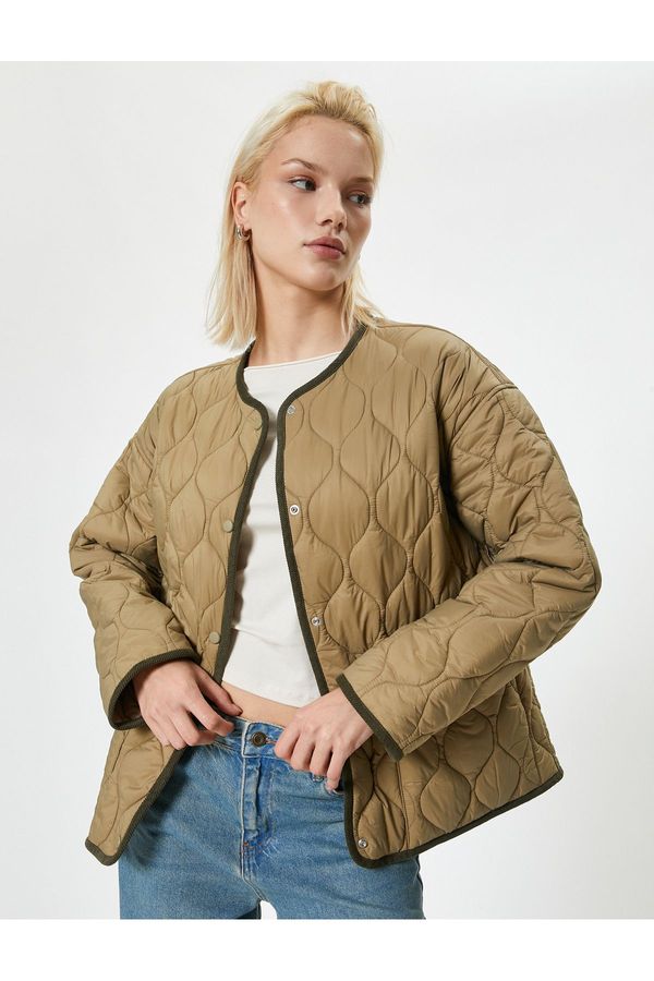 Koton Koton Seasonal Oversize Quilted Coat with Pockets Round Neck