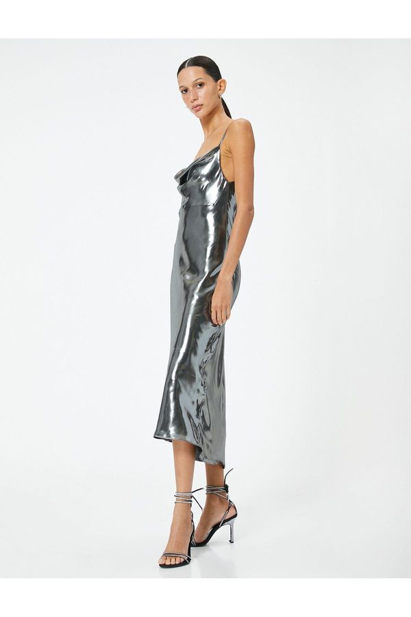 Koton Koton Shiny Metallic Midi Evening Dress with Thin Straps and Off-the-shoulder Neckline