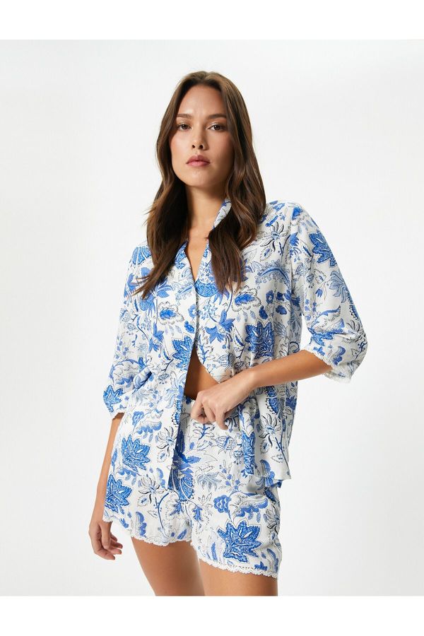 Koton Koton Shirt Collar Pajama Top Floral Long Sleeve Buttoned Viscose