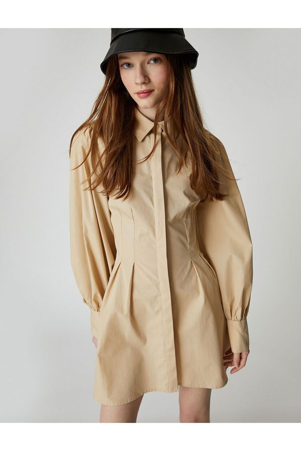 Koton Koton Shirt Dress Pleated Waist Long Sleeve Cotton Cuff Collar