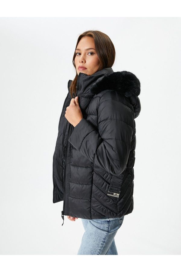 Koton Koton Short Puffer Jacket with Belt and Removable Hood