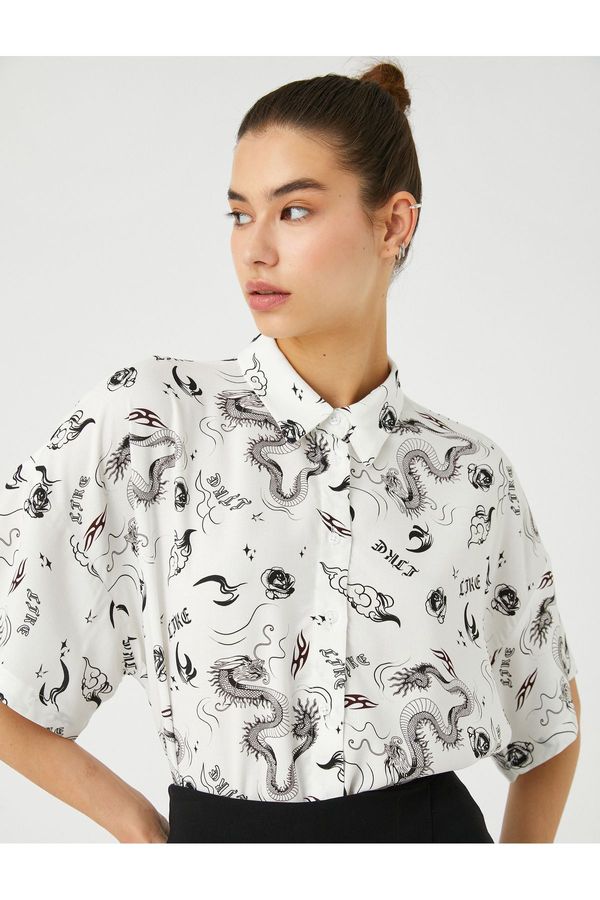 Koton Koton Short Sleeve Shirt Crop Viscose Printed Classic Collar Relaxed Cut