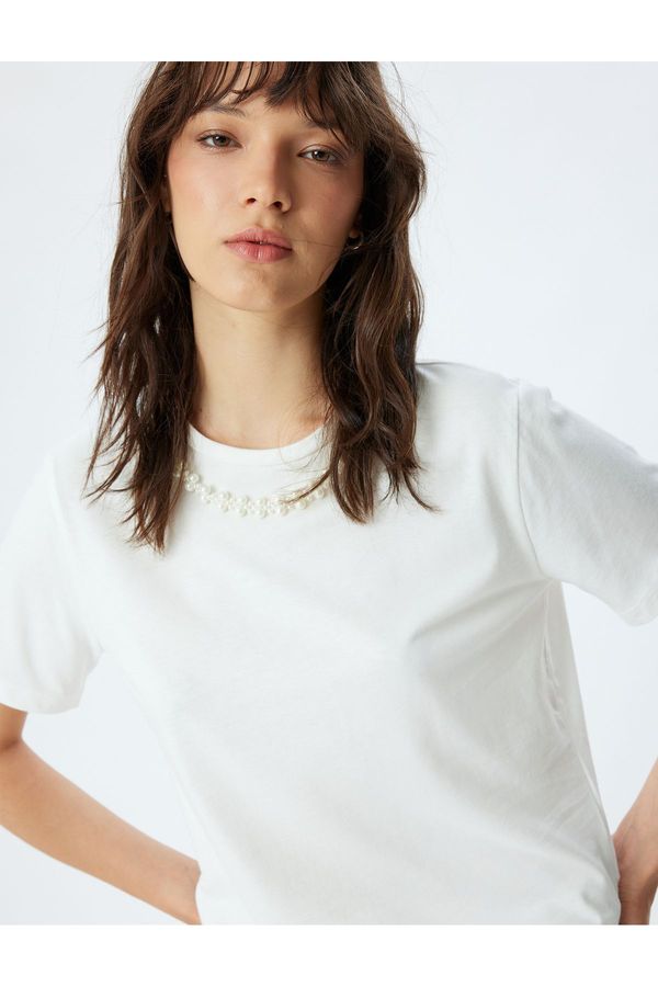Koton Koton Short Sleeve T-Shirt Pearl Embroidery Detailed Crew Neck Cotton