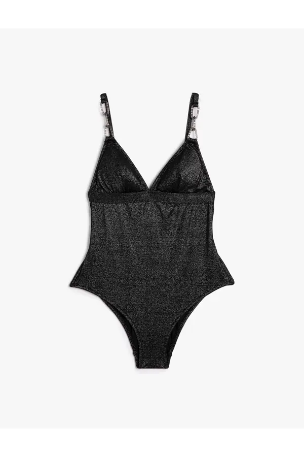 Koton Koton Silvery Swimsuit Stony Chain Detailed Strap V-Neck