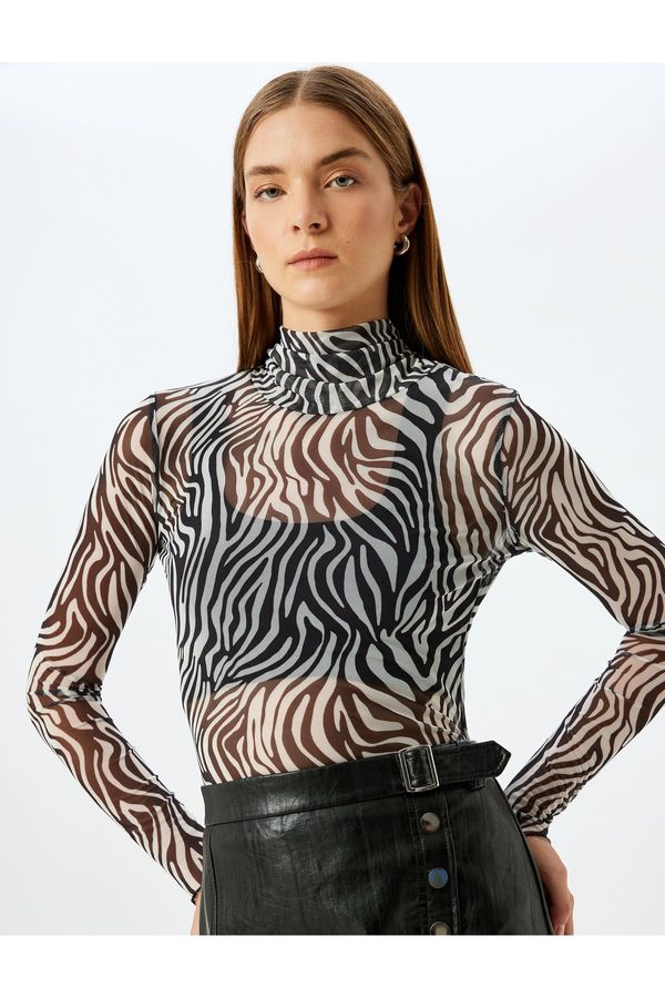 Koton Koton Slim Fit Long Sleeve Stand Collar Zebra Patterned Tulle Transparent T-Shirt
